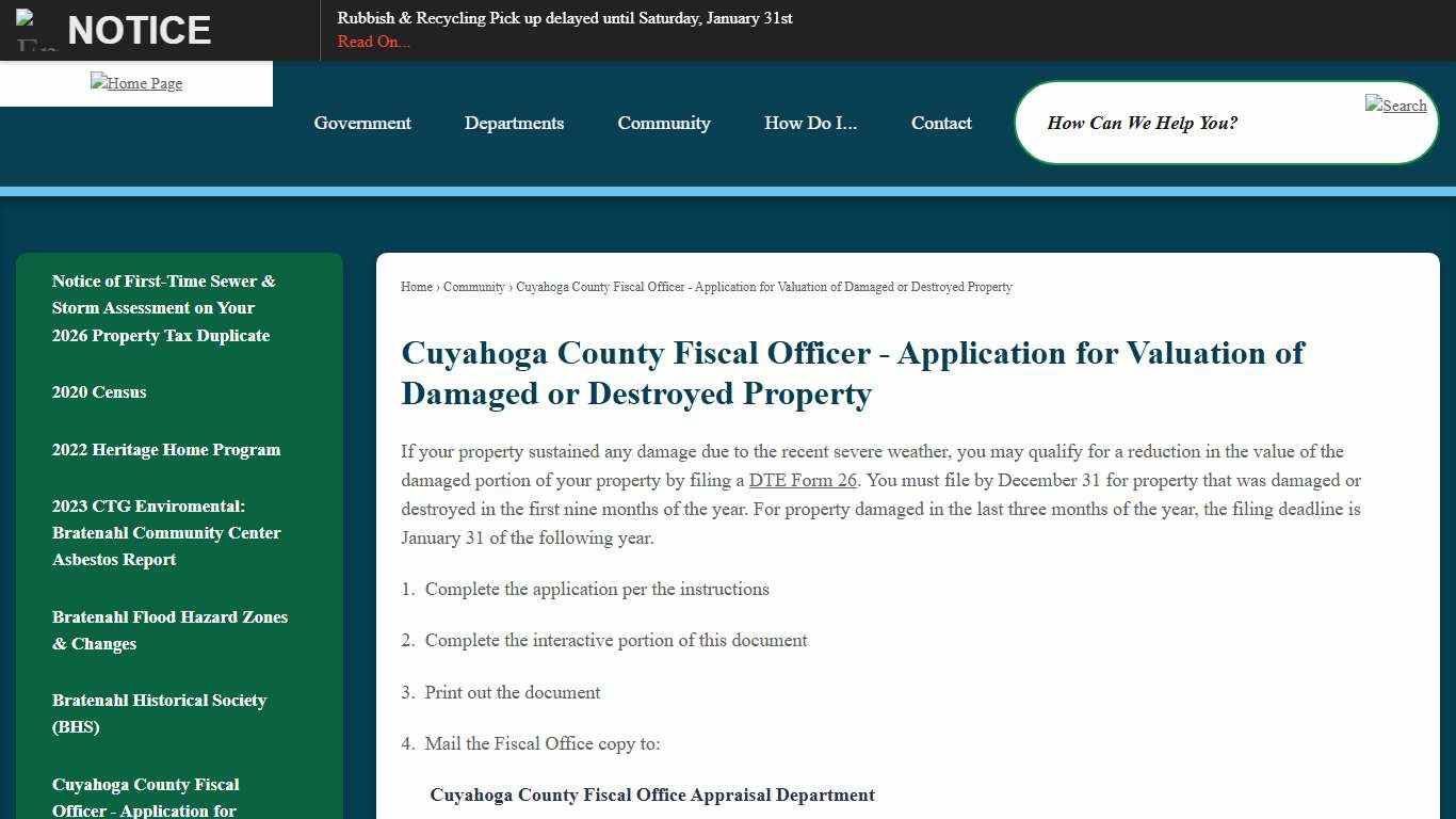 Cuyahoga County Fiscal Officer - Application for Valuation of Damaged or Destroyed Property Bratenahl, OH